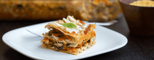 Delicious looking vegan lasagna on a plate.