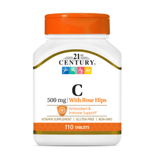 A bottle of 21st Century Vitamin C 500 mg with Rose Hips tablets.