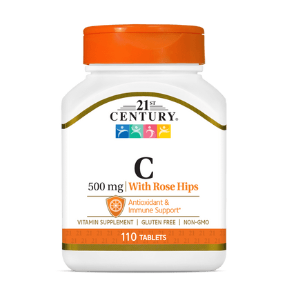 A bottle of 21st Century Vitamin C 500 mg with Rose Hips tablets.