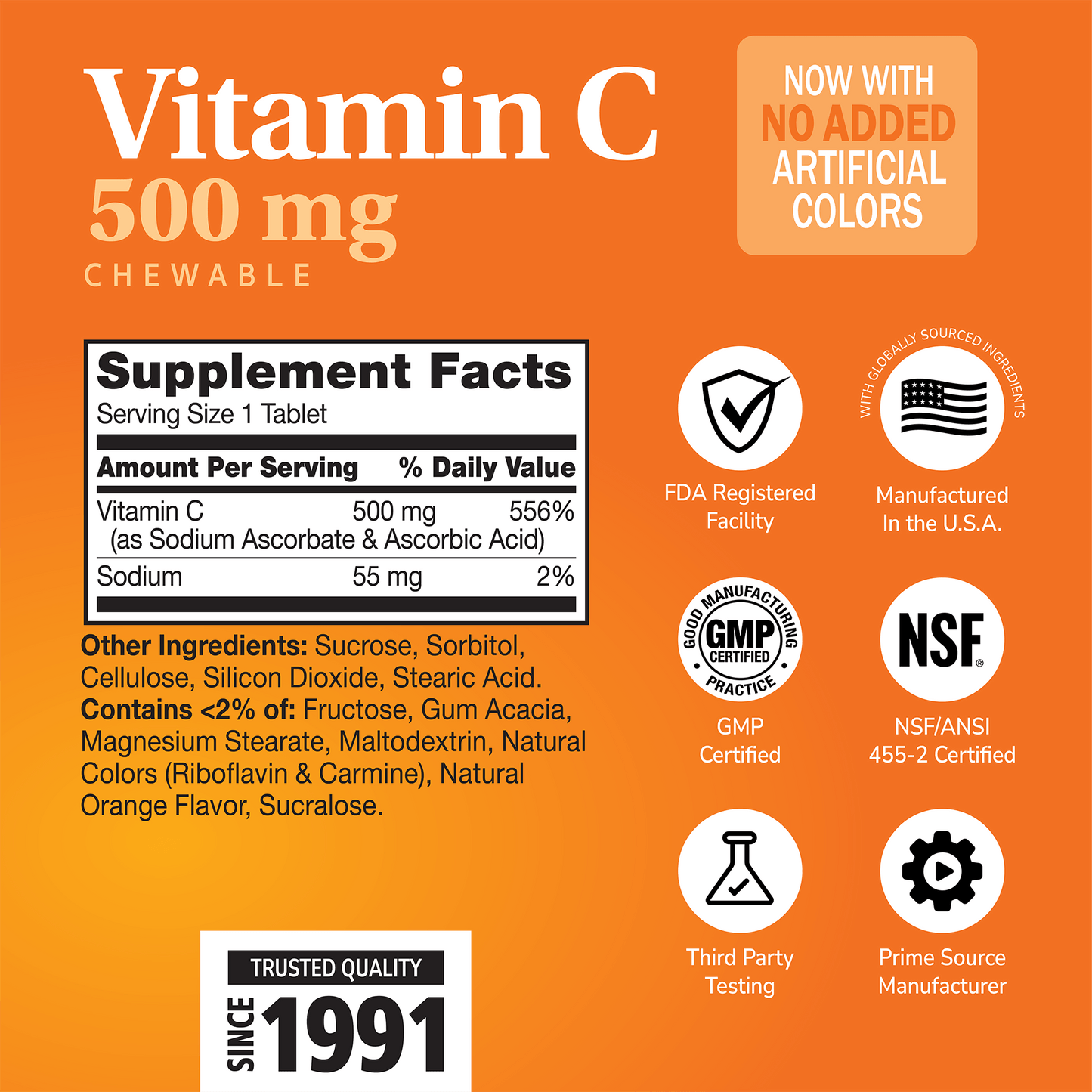 Supplement label for Vitamin C Chewable with ingredient list and serving size on a orange background with quality image icons 