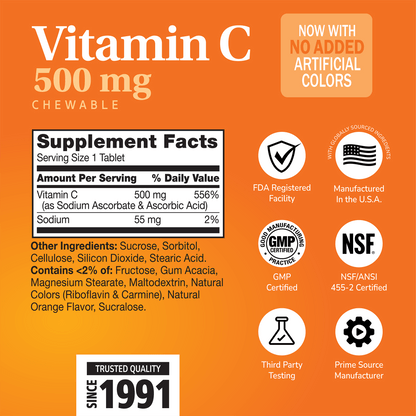 Supplement label for Vitamin C Chewable with ingredient list and serving size on a orange background with quality image icons 