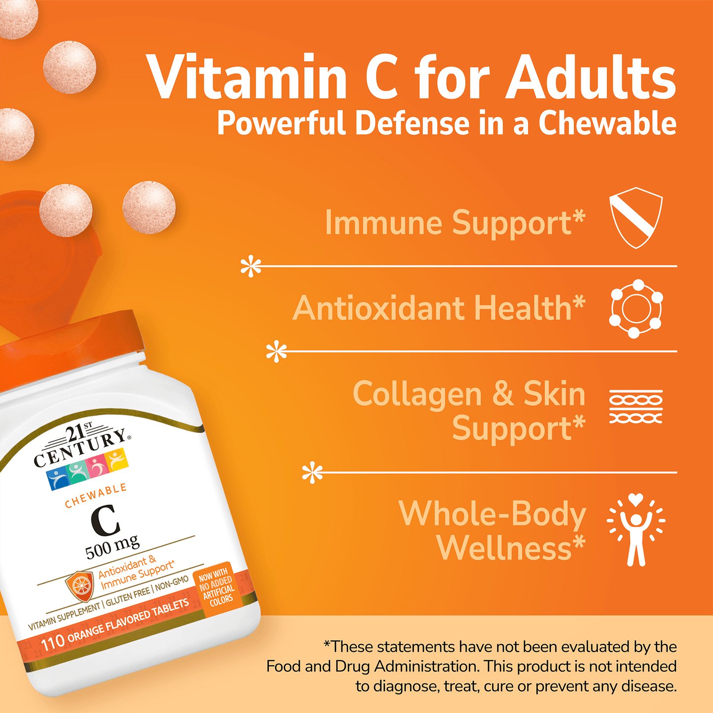 21st Century Vitamin C Chewable supplement bottle with pills spilling out and white text on a orange background
