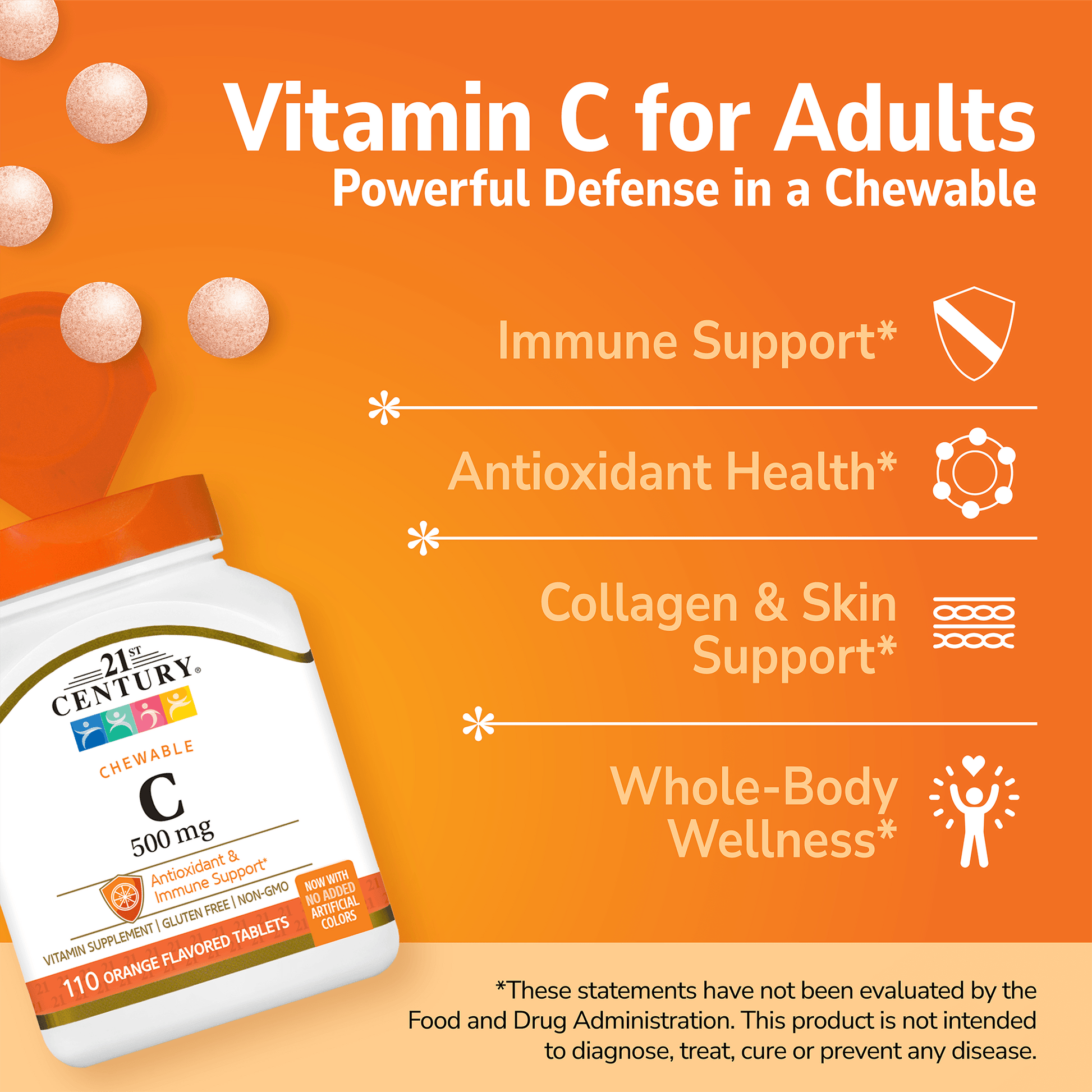 21st Century Vitamin C Chewable supplement bottle with pills spilling out and white text on a orange background