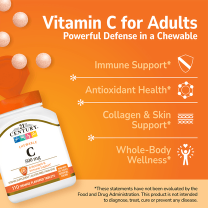 21st Century Vitamin C Chewable supplement bottle with pills spilling out and white text on a orange background