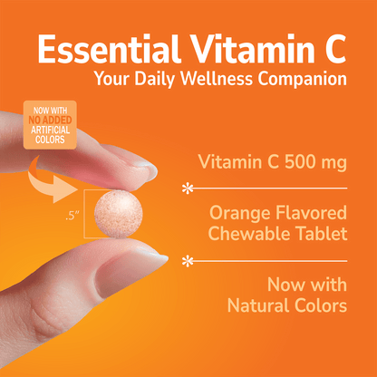 Hand holding a Vitamin C Chewable supplement with text about product benefits on a orange background