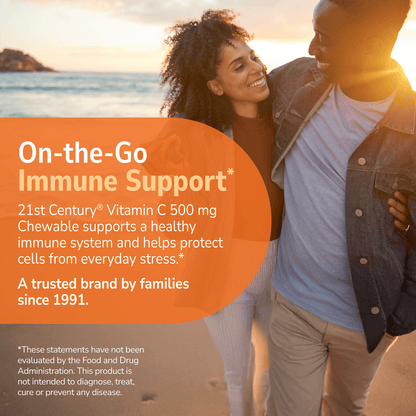 Couple walking on a beach with health supplement information overlay