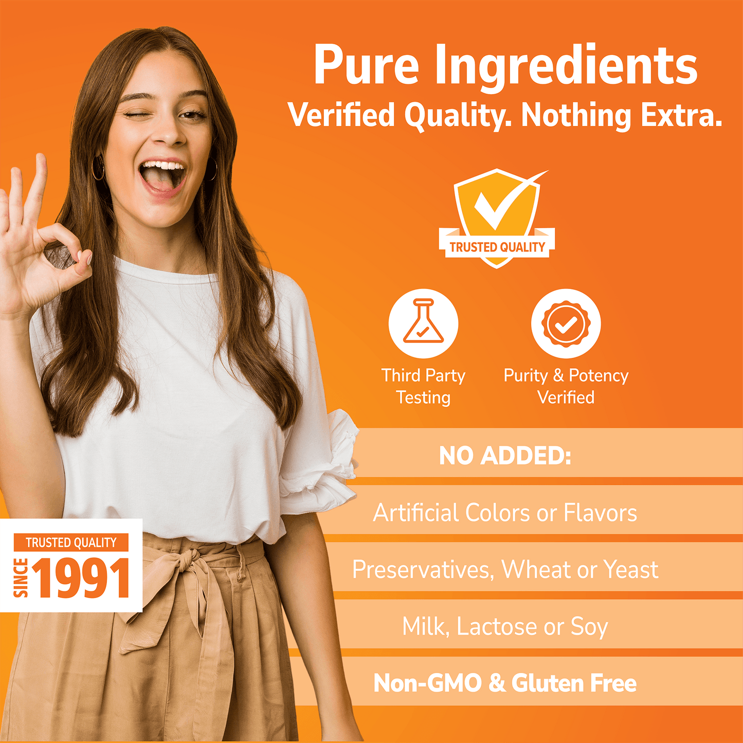 Woman holding her hand out with Pure Ingredients branding on a orange background and No Added info