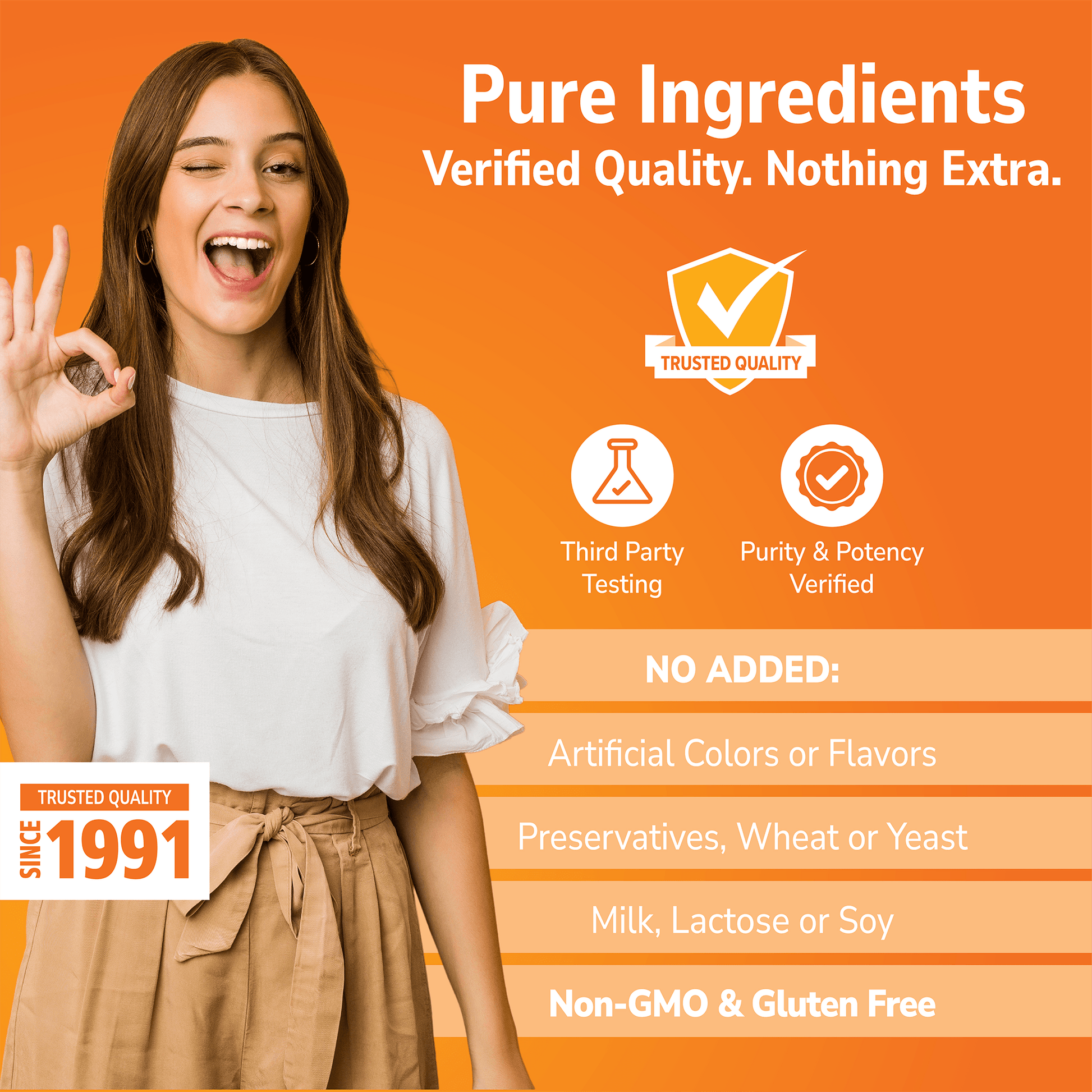Woman holding her hand out with Pure Ingredients branding on a orange background and No Added info