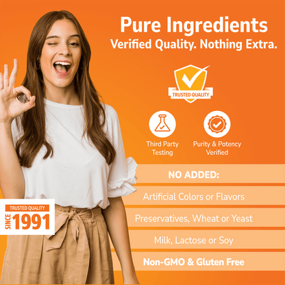 Woman holding her hand out with Pure Ingredients branding on a orange background and No Added info