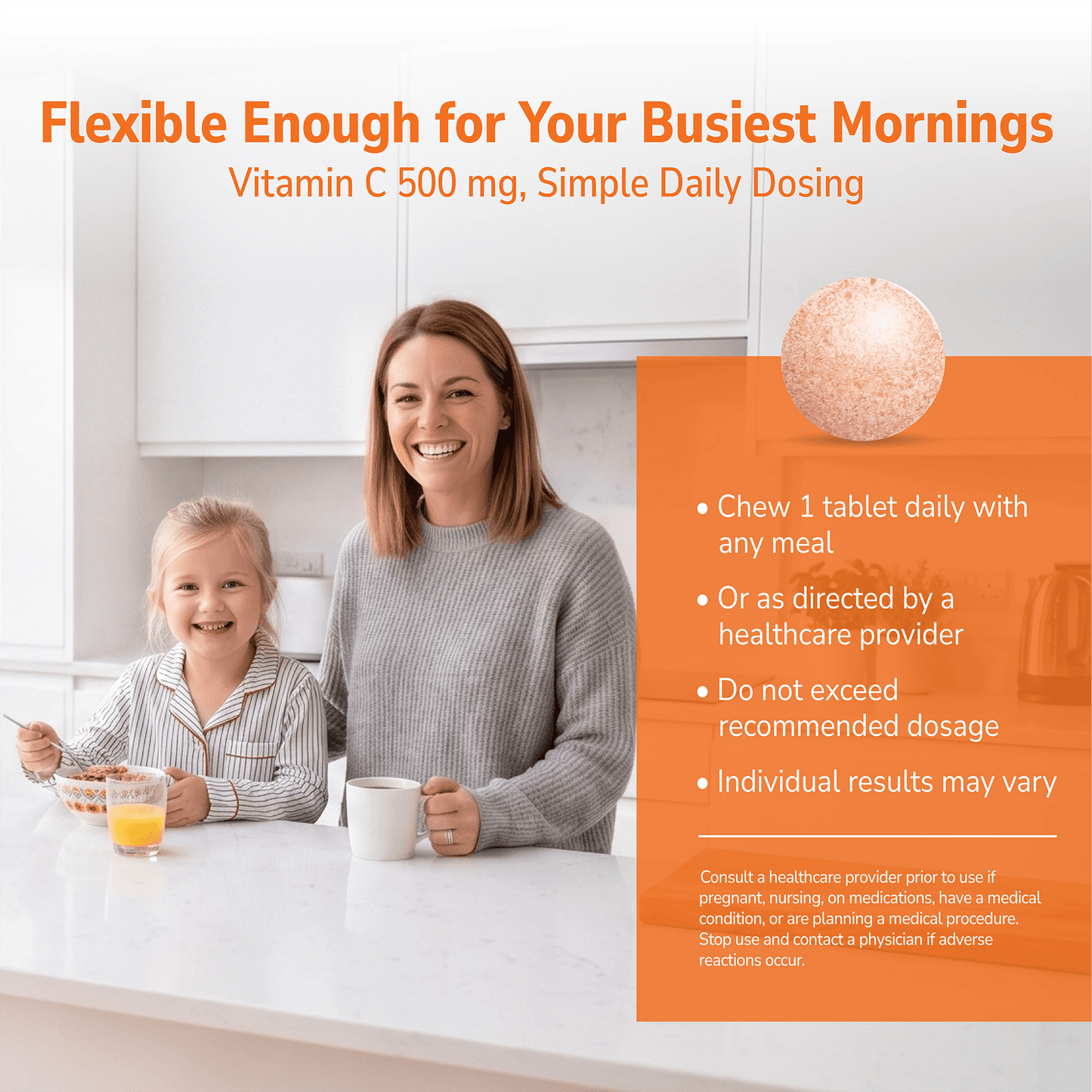 Child and mom smiling indoors with a product advertisement overlay and product directions