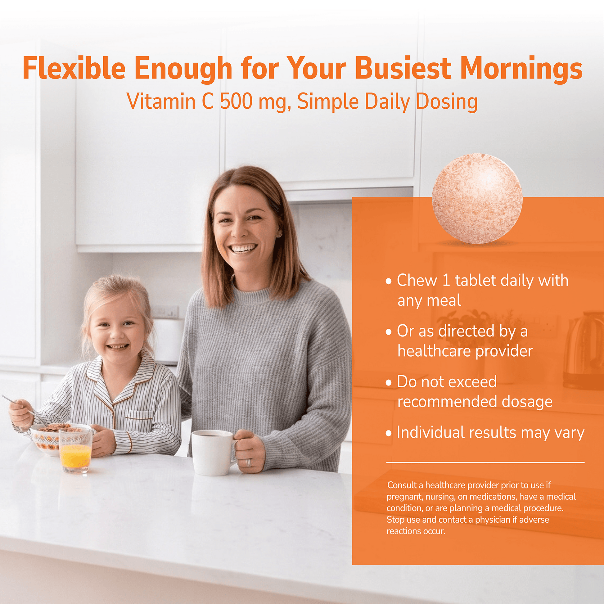 Child and mom smiling indoors with a product advertisement overlay and product directions