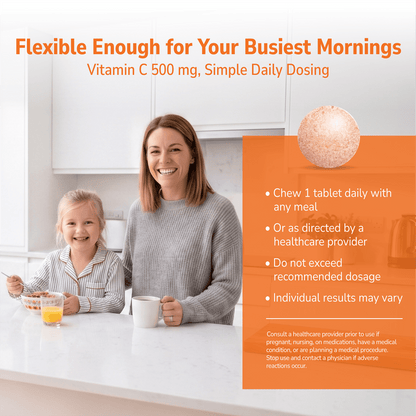 Child and mom smiling indoors with a product advertisement overlay and product directions