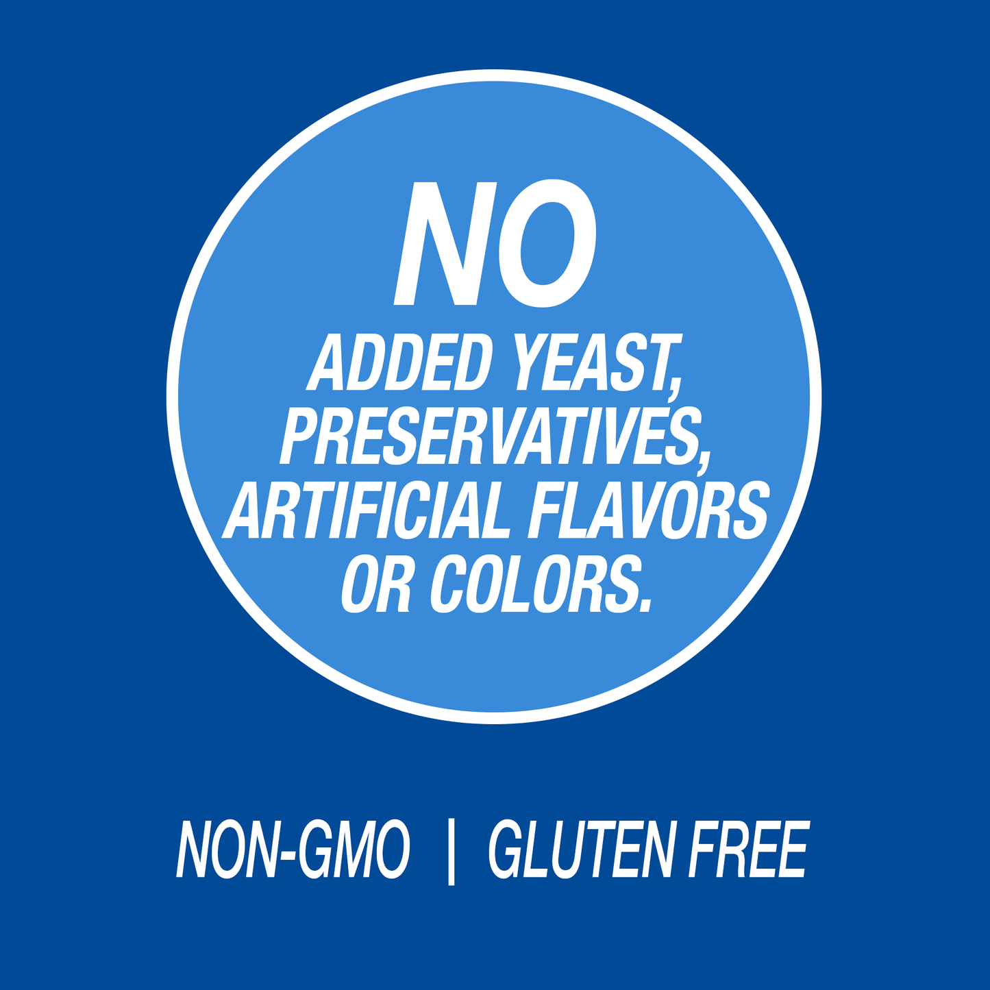 A graphic icon with the words no added yeast, preservatives, artificial flavors or colors, non-GMO and gluten free.