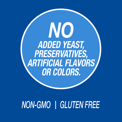 A graphic icon with the words no added yeast, preservatives, artificial flavors or colors, non-GMO and gluten free.