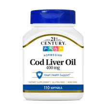A bottle of 21st Century Norwegian Cod Liver Oil 400 mg softgels.