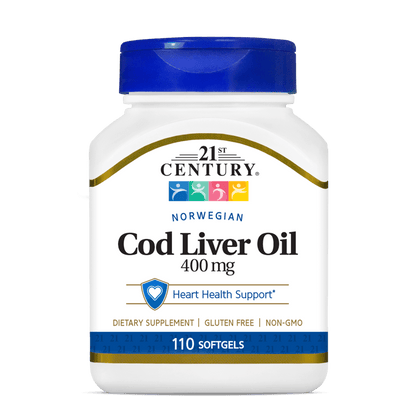 A bottle of 21st Century Norwegian Cod Liver Oil 400 mg softgels.