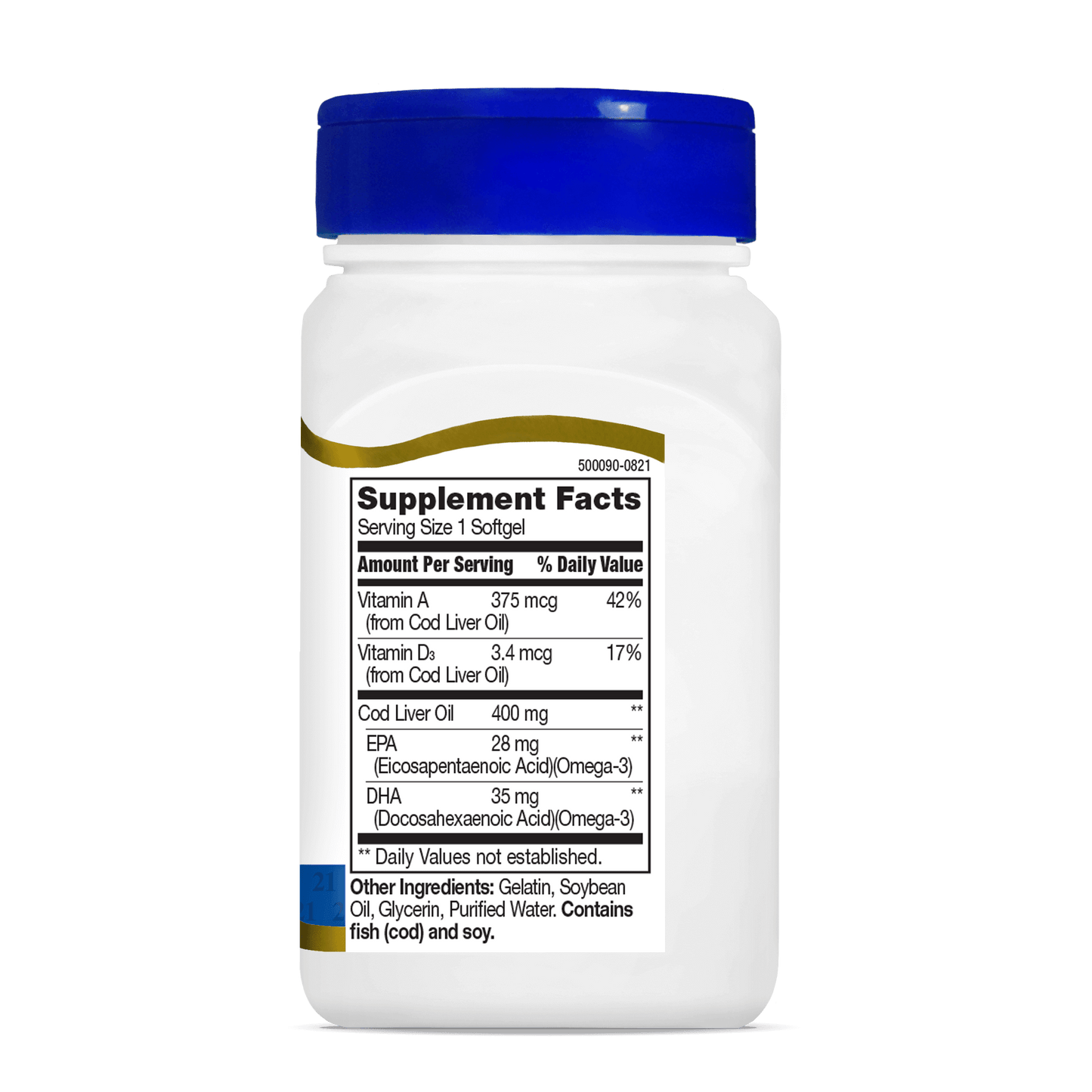 Right side bottle view of 21st Century Norwegian Cod Liver Oil 400 mg softgels.