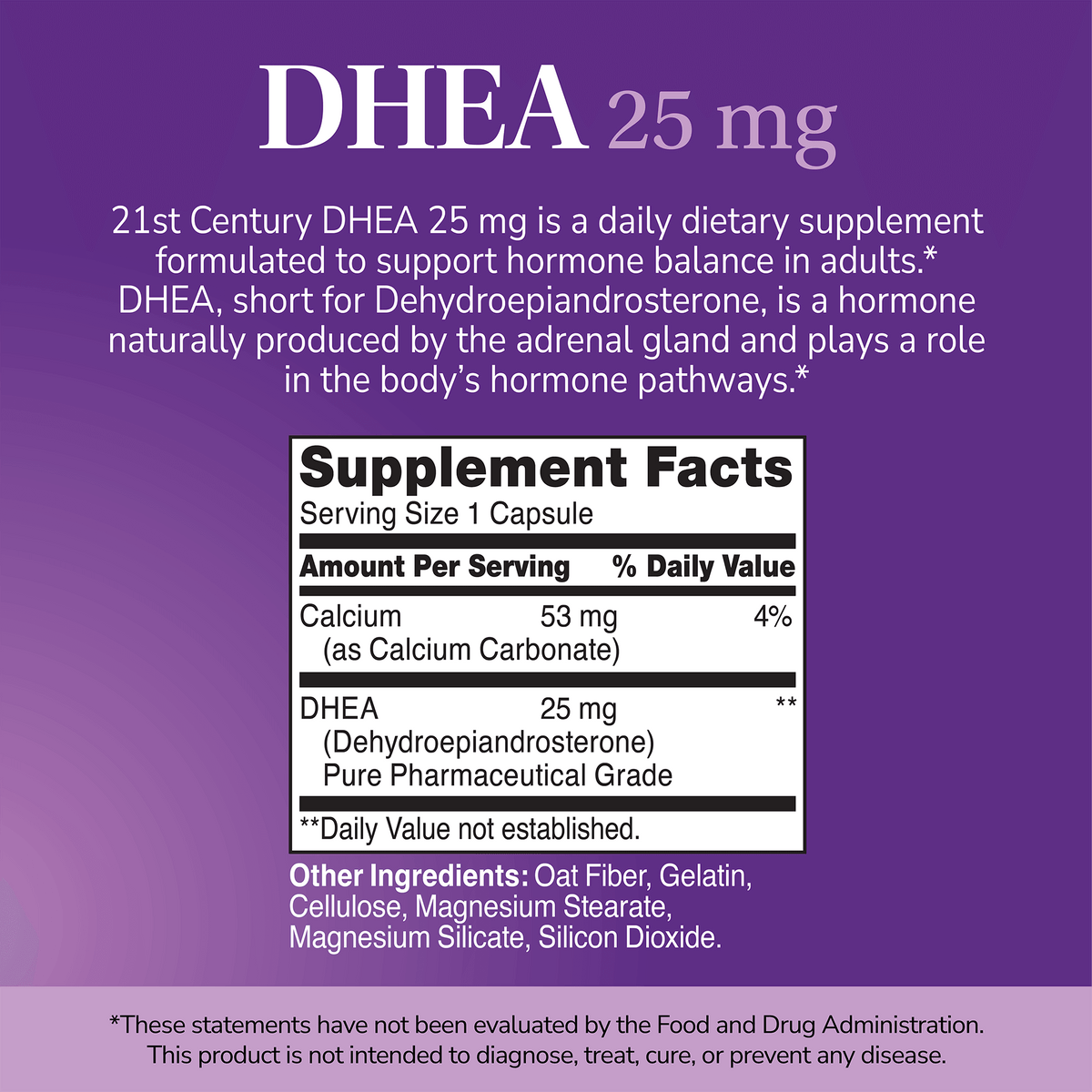 Supplement label for DHEA with ingredient list and serving size on a purple background 