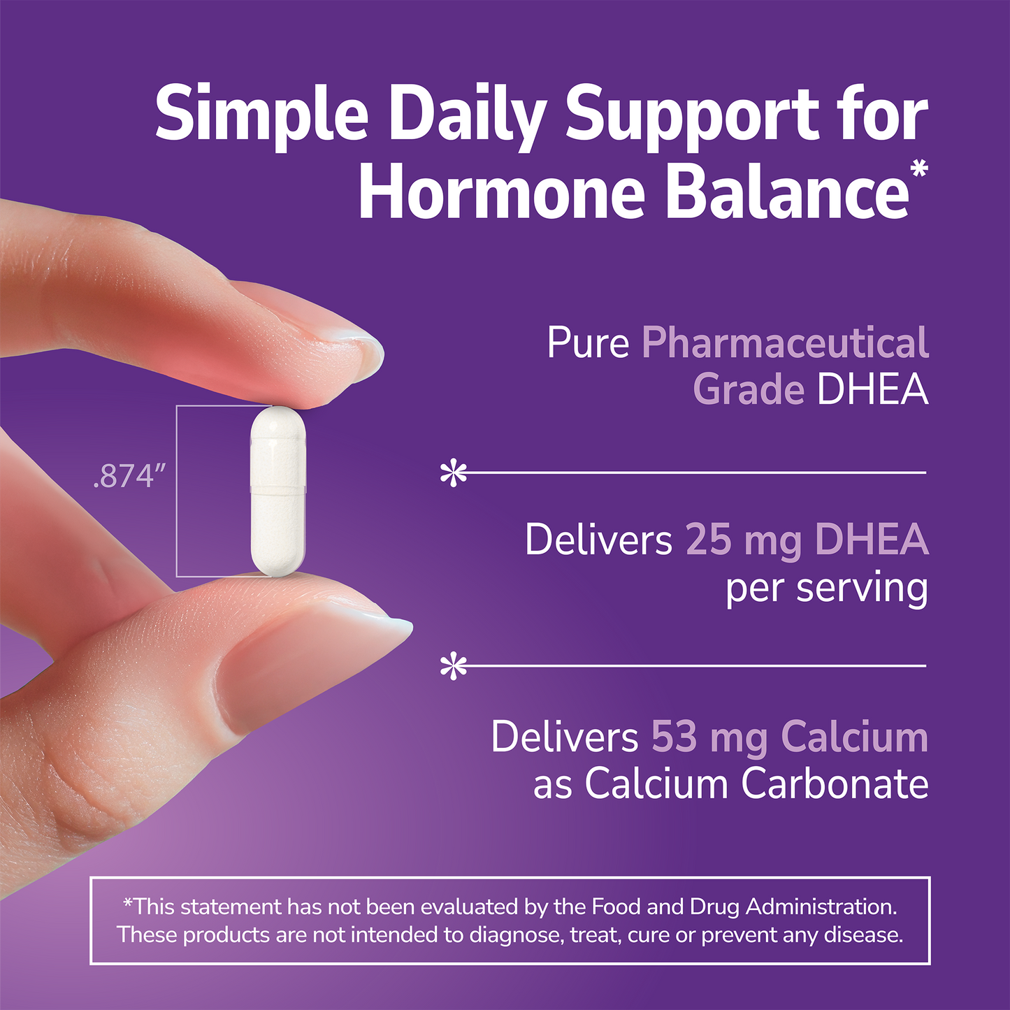 Hand holding a DHEA supplement with text about product benefits on a purple background