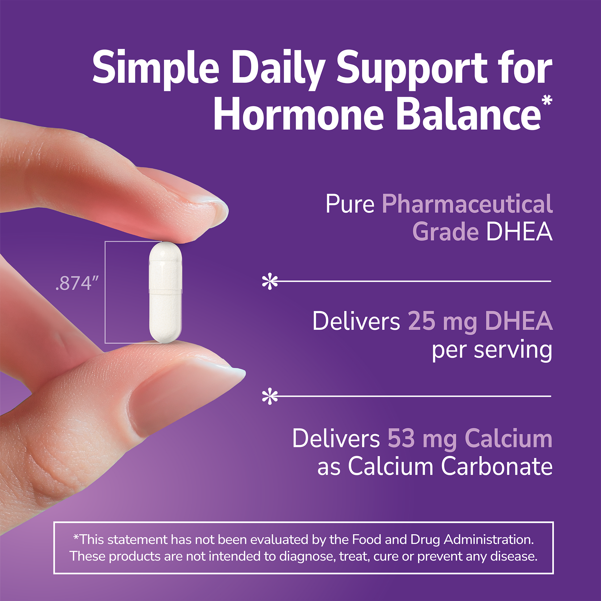 Hand holding a DHEA supplement with text about product benefits on a purple background