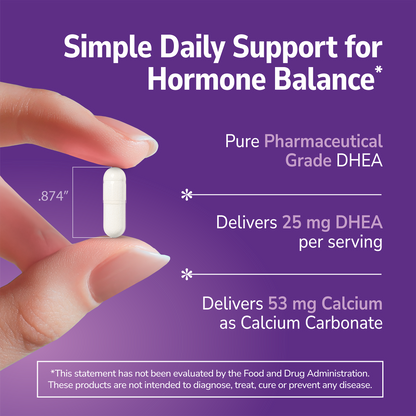 Hand holding a DHEA supplement with text about product benefits on a purple background