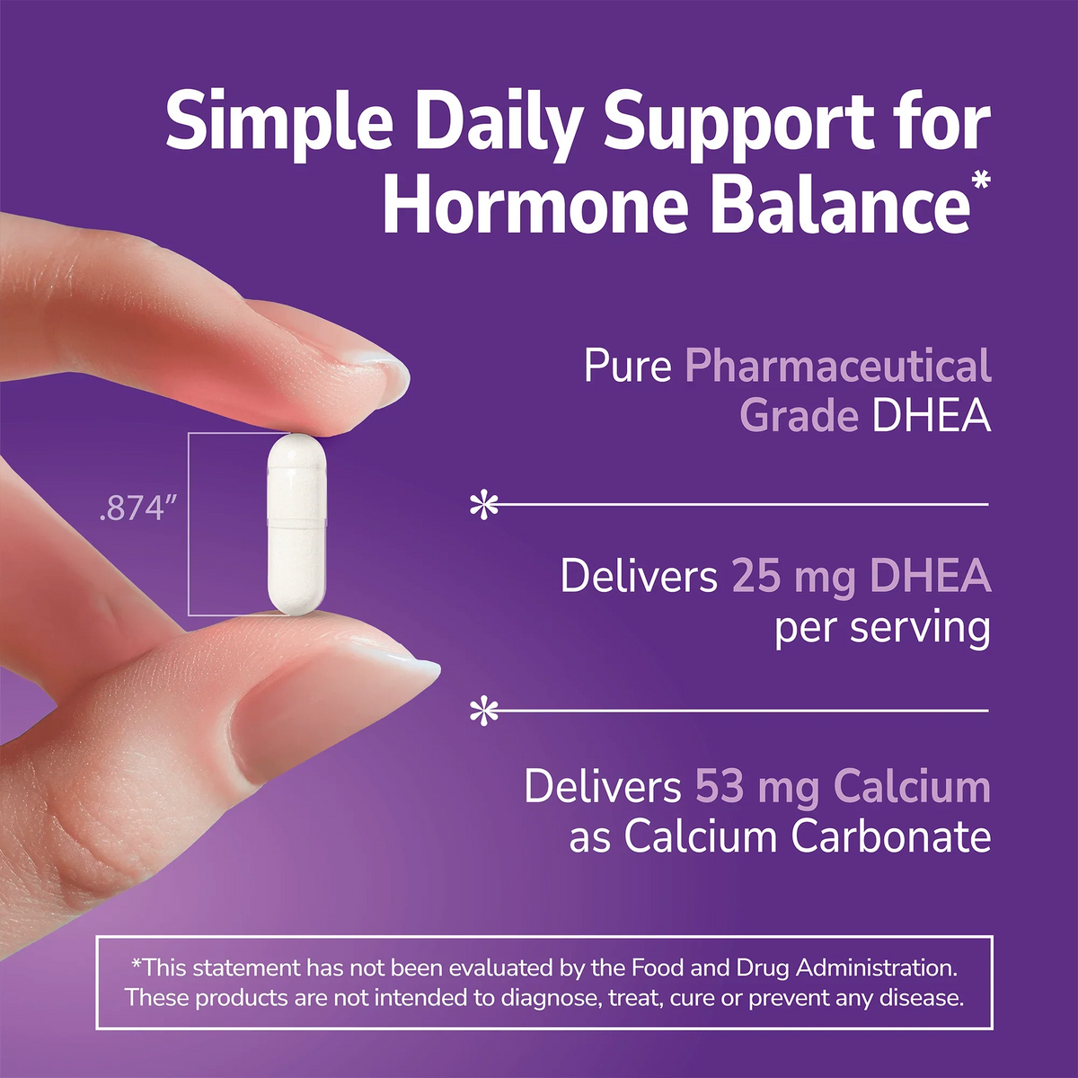 Hand holding a DHEA supplement with text about product benefits on a purple background