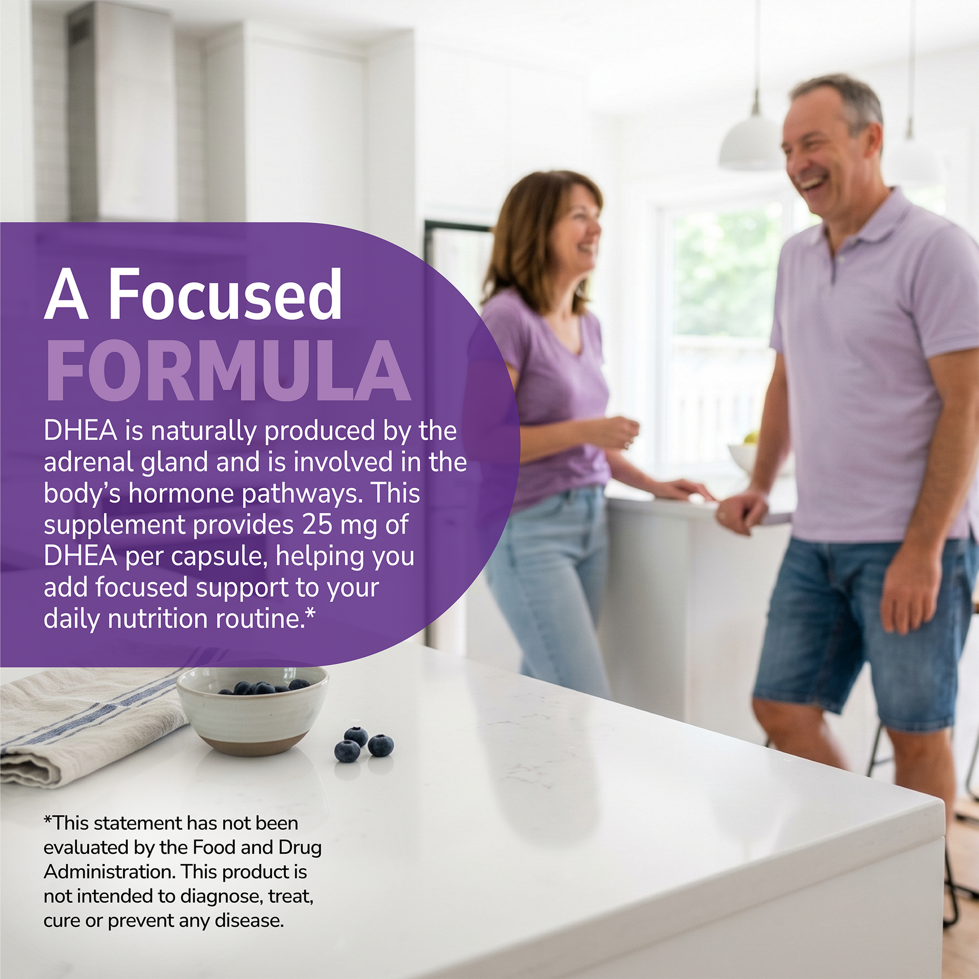Couple talking in a kitchen with health supplement information overlay