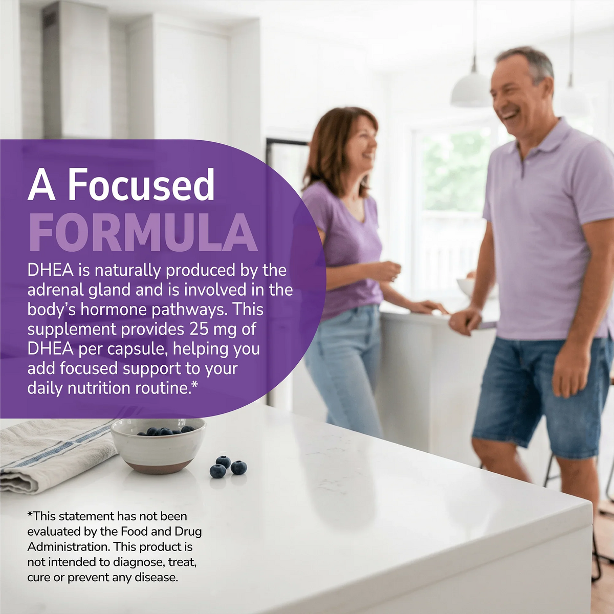 Couple talking indoors with health supplement information overlay