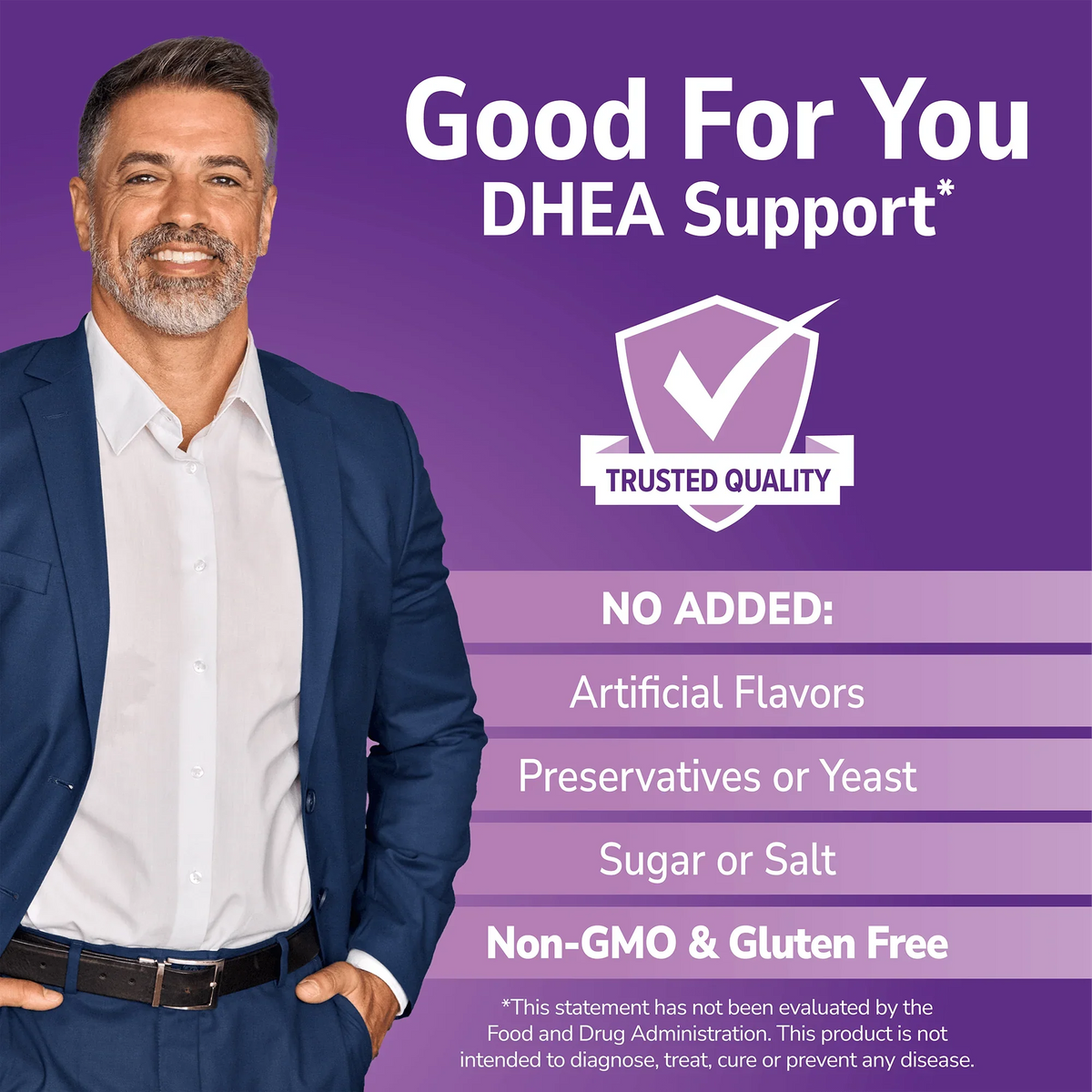 Smiling man with Good For You branding on a purple background and No Added info