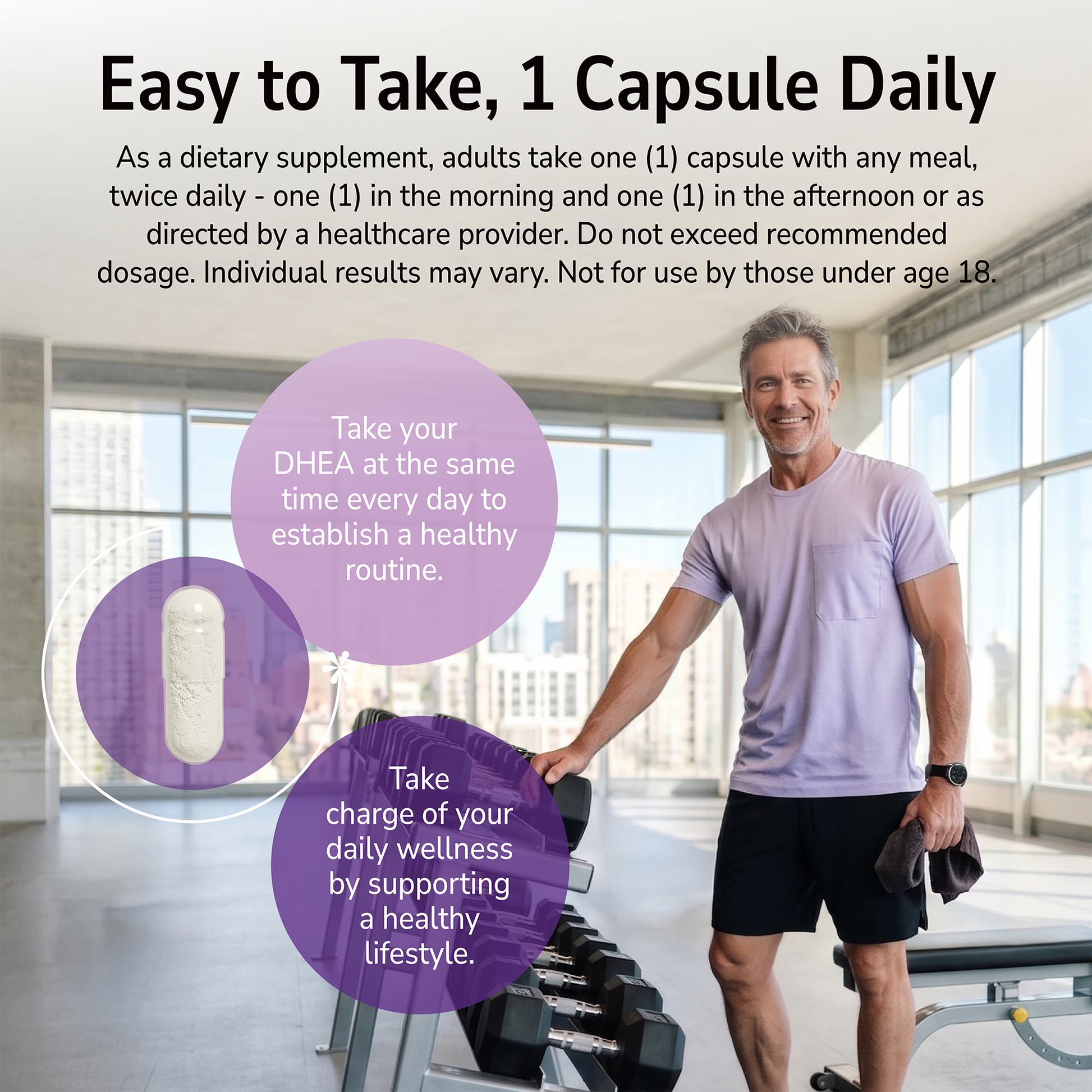 Man smiling at a gym indoors with a product advertisement overlay and product directions