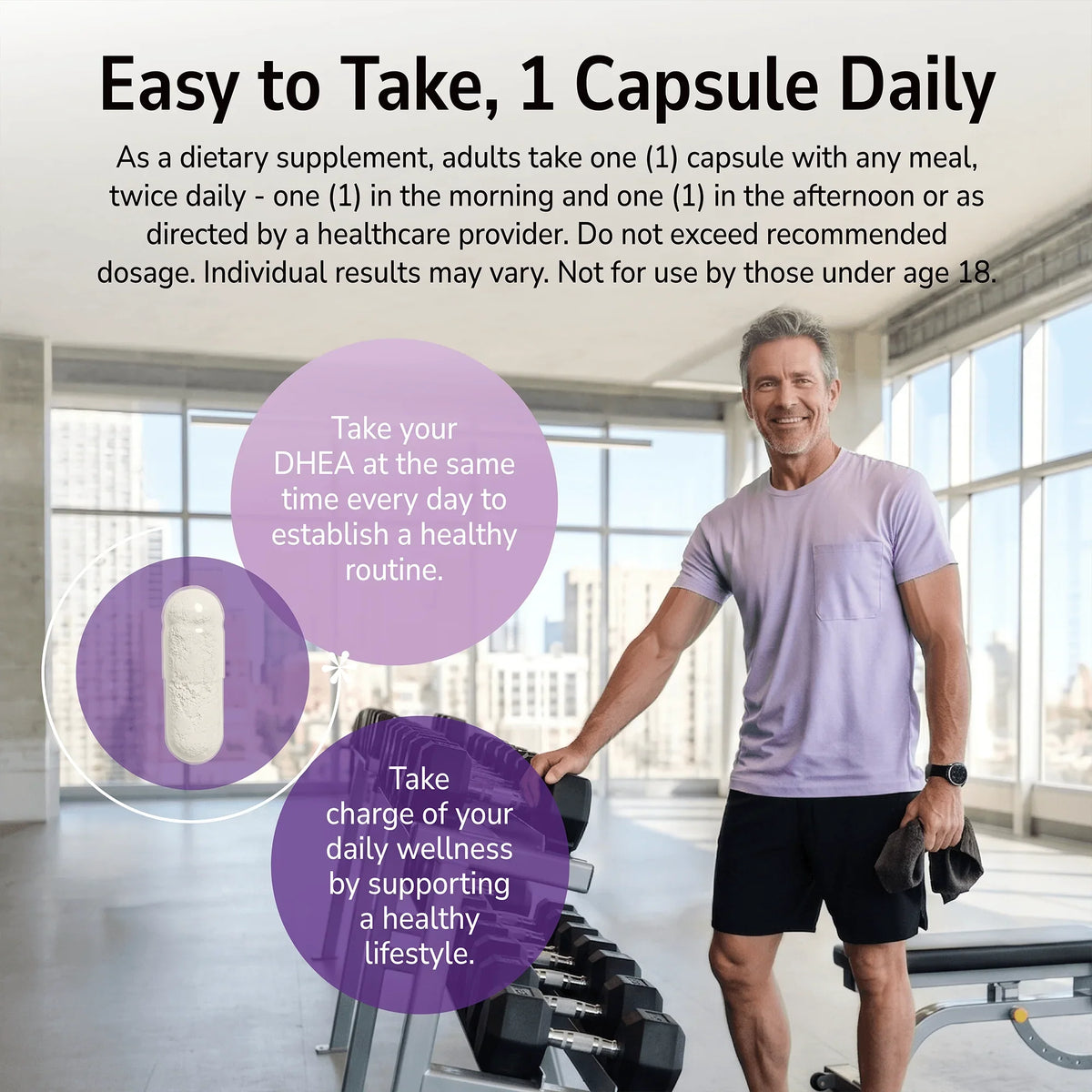 Man smiling in an indoor gym with a product advertisement overlay and product directions