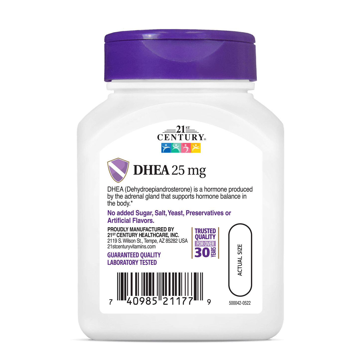 Back side bottle view of 21st Century DHEA 25 mg capsules.