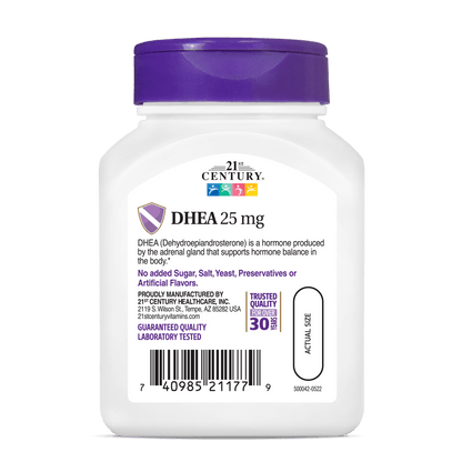 Back side bottle view of 21st Century DHEA 25 mg capsules.