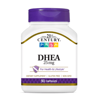 A bottle of 21st Century DHEA 25 mg capsules.
