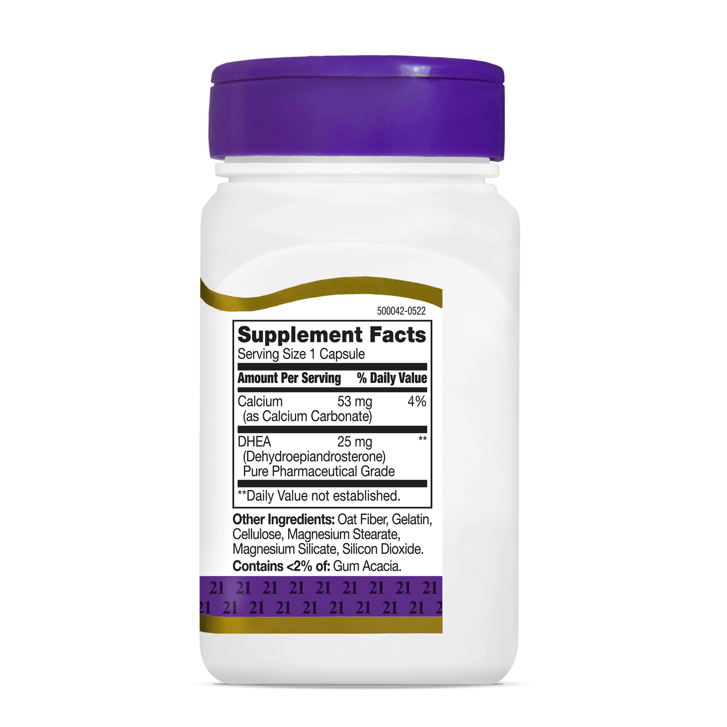 Right side bottle view of 21st Century DHEA 25 mg capsules.