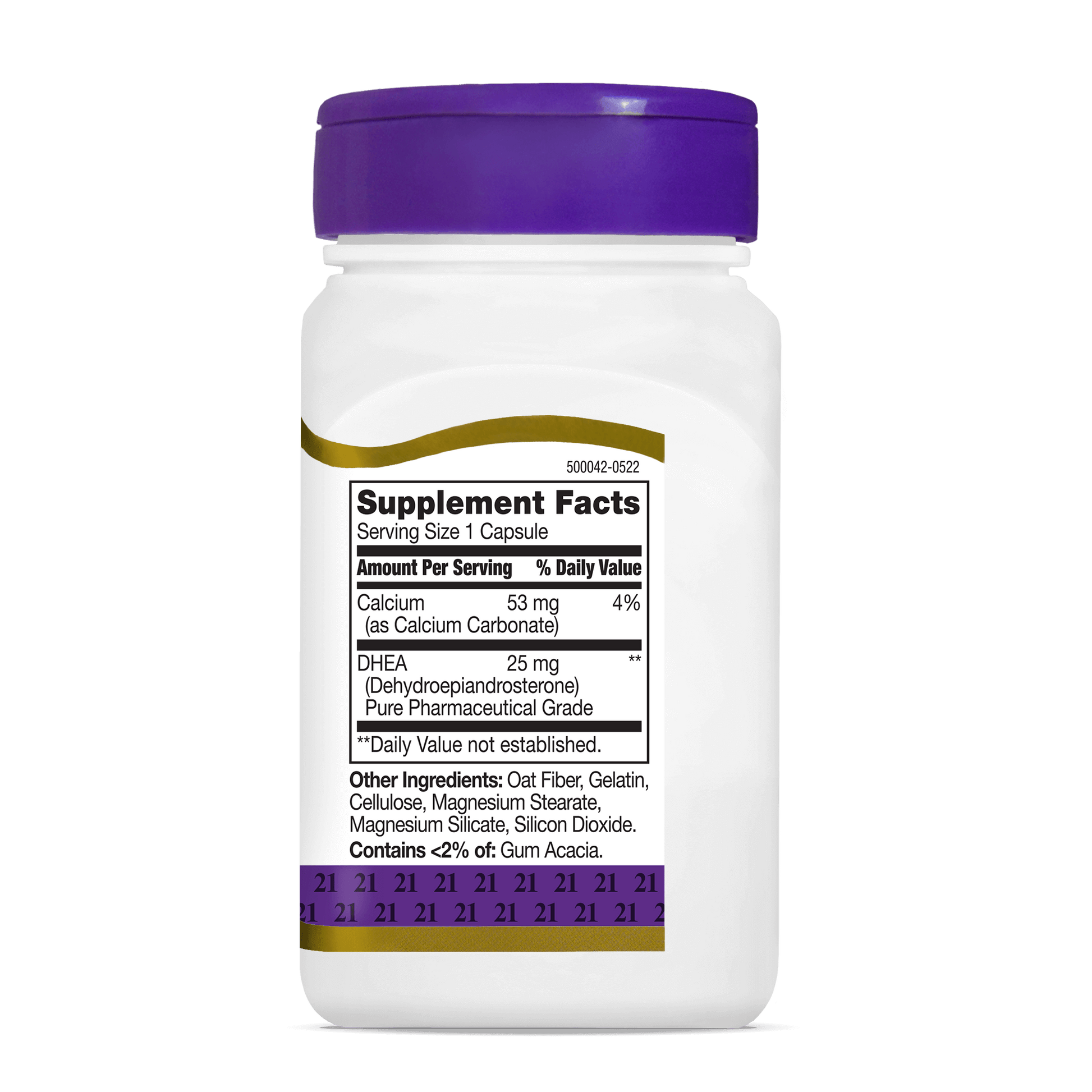 Right side bottle view of 21st Century DHEA 25 mg capsules.