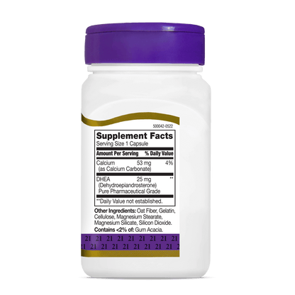 Right side bottle view of 21st Century DHEA 25 mg capsules.