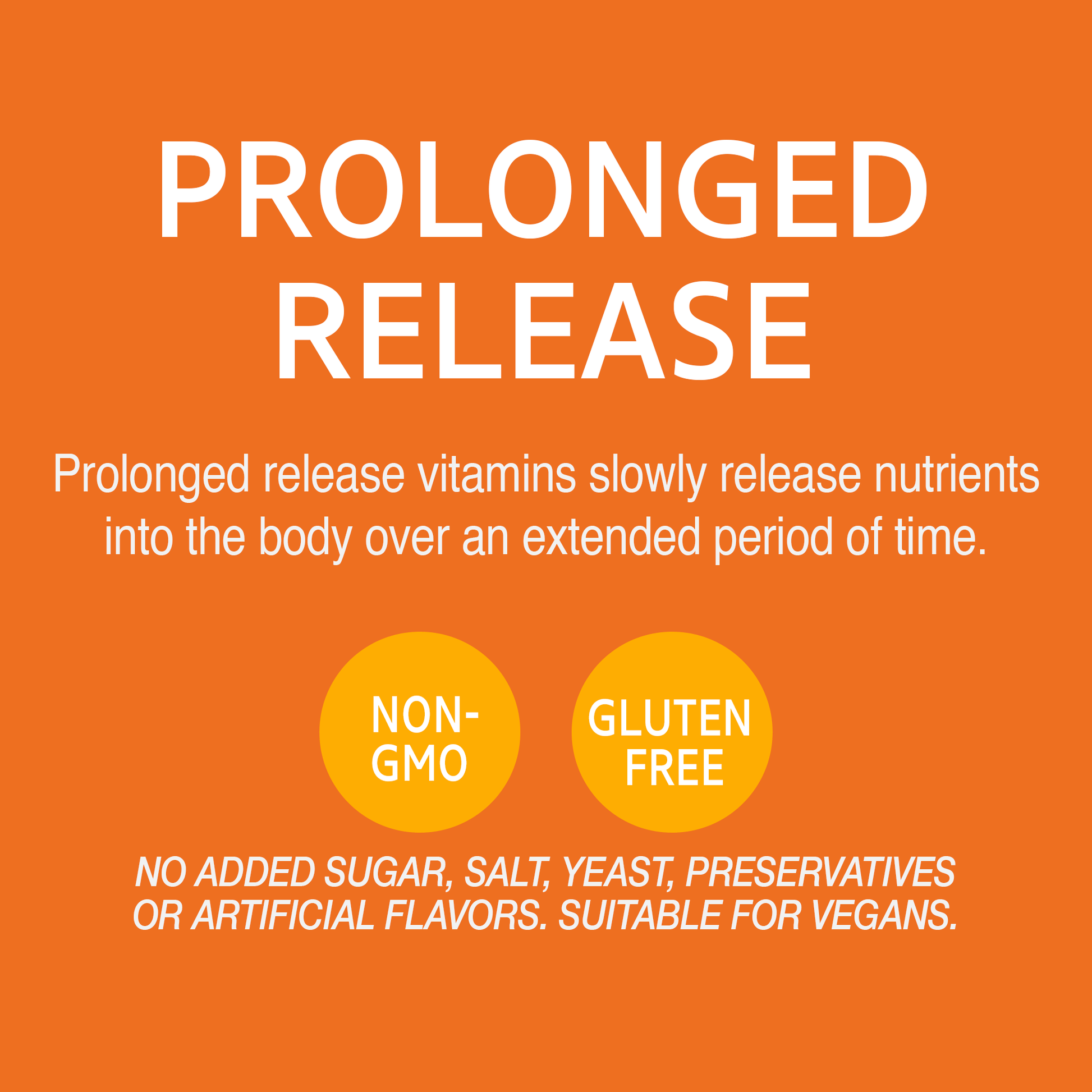 A graphic icon with the words prolonged release vitamins slowly release nutrients into the body over an extended period of time, non-GMO, gluten free, no added sugar, salt, yeast, preservatives or artificial flavors, suitable for vegans.