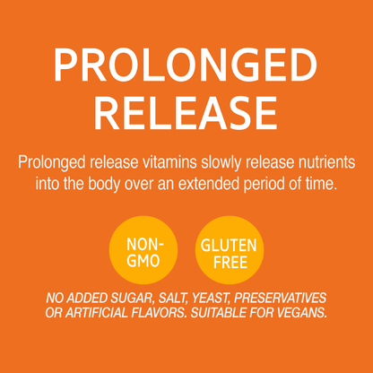 A graphic icon with the words prolonged release vitamins slowly release nutrients into the body over an extended period of time, non-GMO, gluten free, no added sugar, salt, yeast, preservatives or artificial flavors, suitable for vegans.