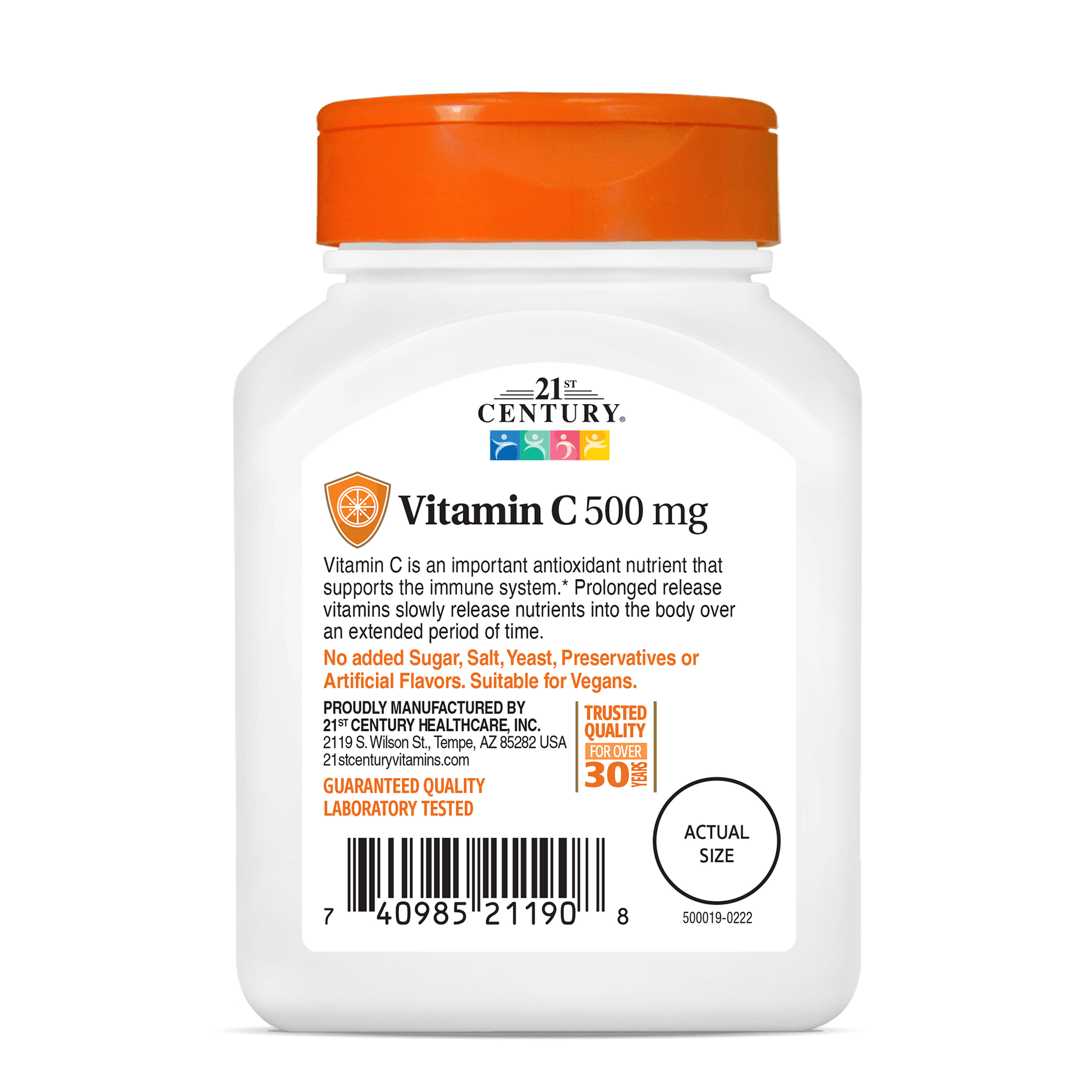 Back side bottle view of 21st Century Vitamin C 500 mg prolonged release tablets.