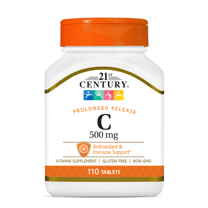 A bottle of 21st Century Vitamin C 500 mg prolonged release tablets.