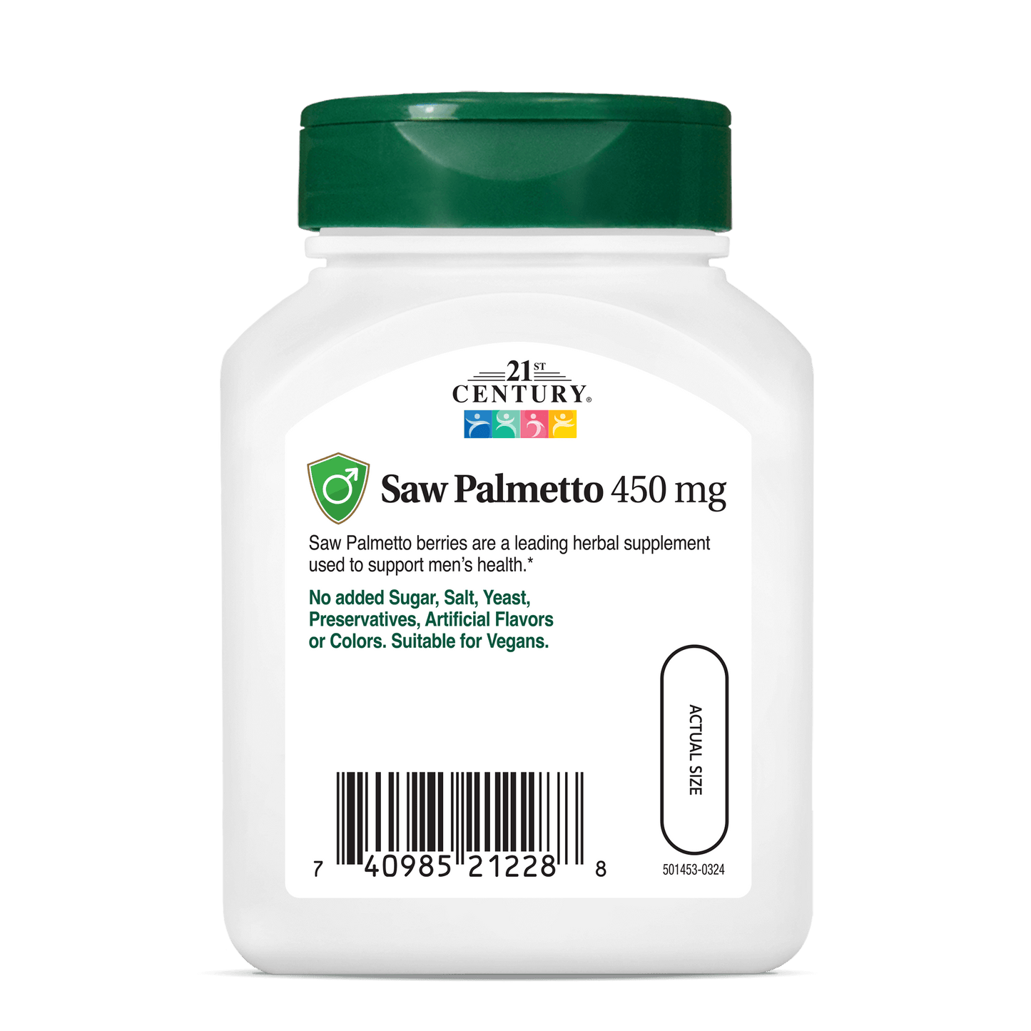 Back side bottle view of 21st Century Saw Palmetto 450 mg vegetarian capsules.