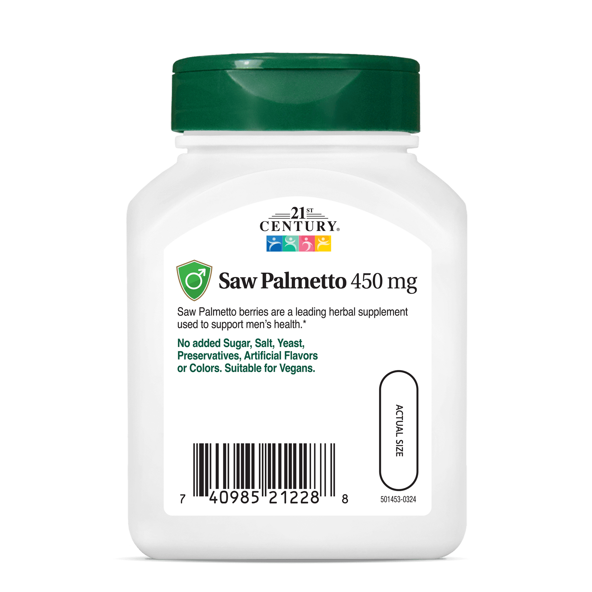 Back side bottle view of 21st Century Saw Palmetto 450 mg vegetarian capsules.