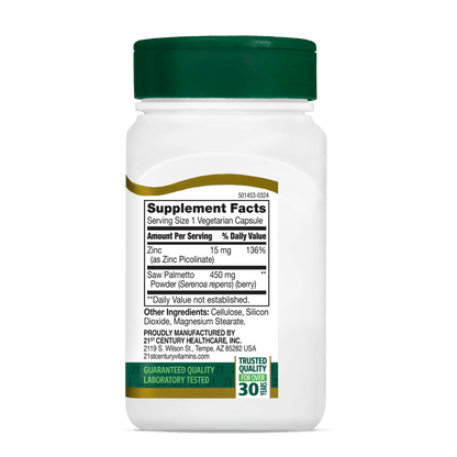 Right side bottle view of 21st Century Saw Palmetto 450 mg vegetarian capsules.