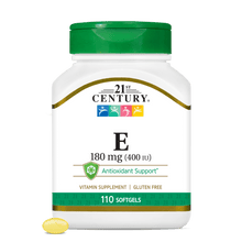 A bottle of 21st Century Vitamin E 180 mg softgels with a vitamin e softgel in front.