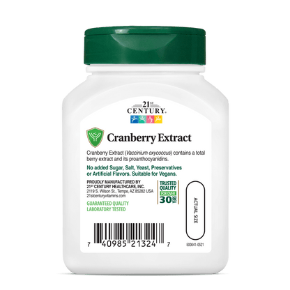 Back side bottle view of 21st Century Cranberry Extract vegetarian capsules.