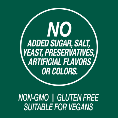 A graphic icon with the words no added sugar, salt, yeast, preservatives, artificial flavors or colors, non-GMO, gluten free and suitable for vegans.