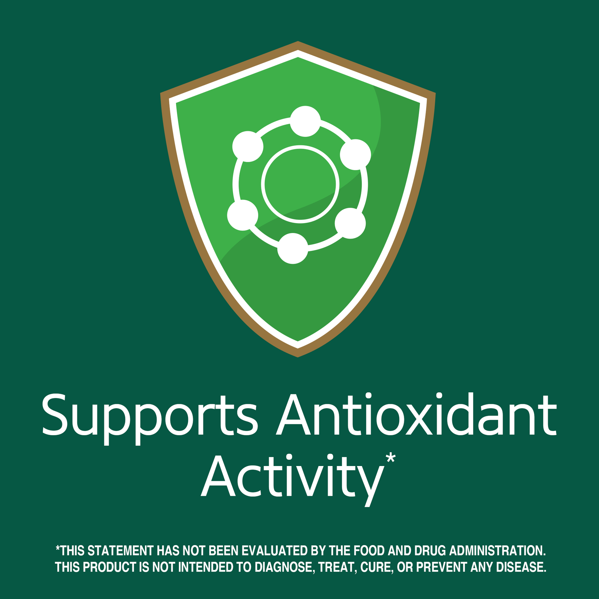 Supports antioxidant activity claim with antioxidant graphic icon.