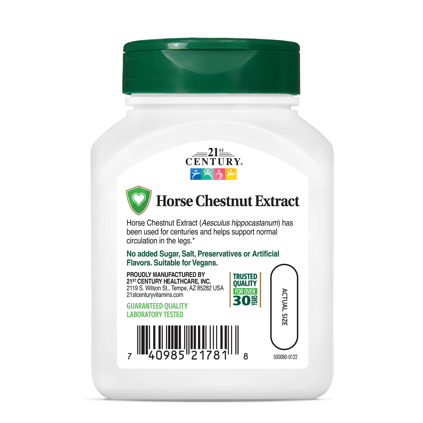 Back side bottle view of 21st Century Horse Chestnut Extract vegetarian capsules.