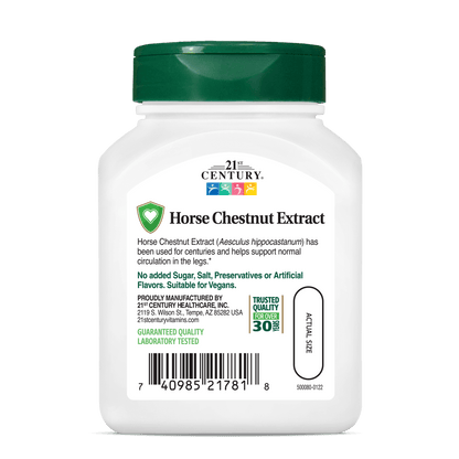 Back side bottle view of 21st Century Horse Chestnut Extract vegetarian capsules.